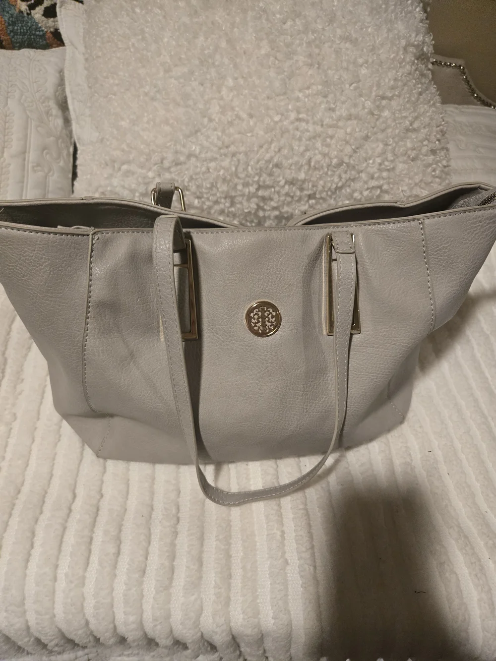Gray Women's Tote Handbag with Gold Accent
